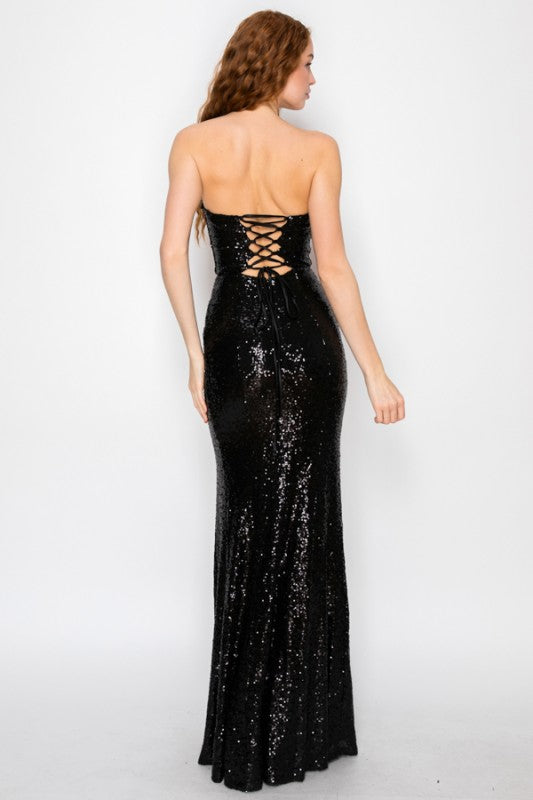 SOLID SEQUIN STRAPLESS BODYCON MAXI DRESS