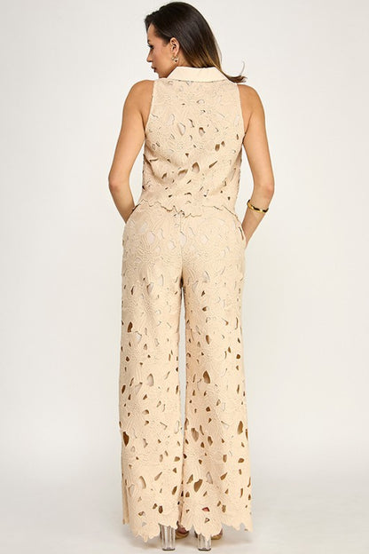 SLVLS CROCHET LACE BUTTON DOWN TOP W/PANTS SET