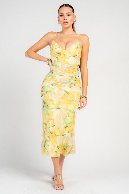 FLORAL MESH PRINT SPAGHETTI STRAP MIDI DRESS