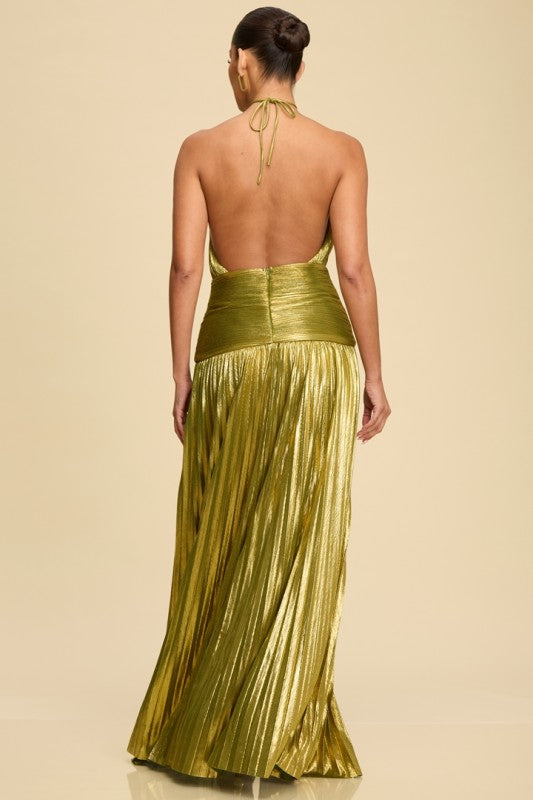PLEATED METALLIC HALTER MAXI PART DRESS