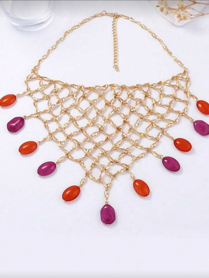 METAL GRID SHAPED PENDANT GOLD NECKLACE