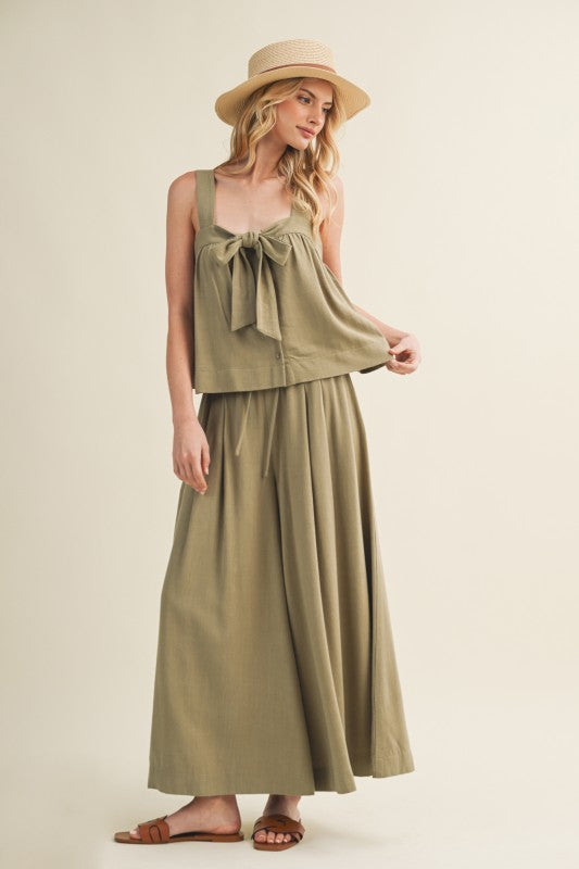 FRONT TIE SLEEVELESS TOP WIDE PANTS SET