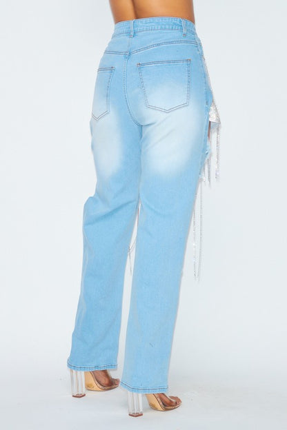 RHINESTONE FRINGE DENIM JEANS PANTS