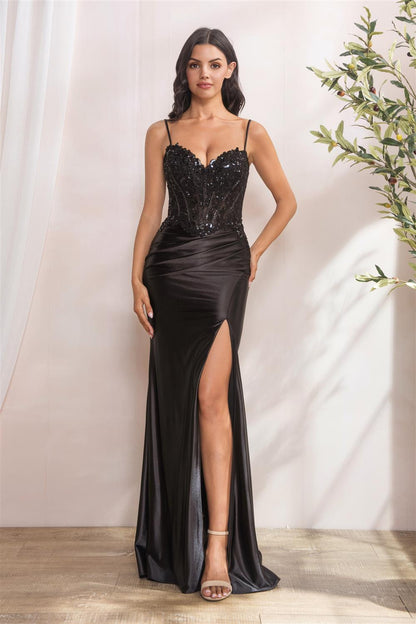 APPLIQUE BEAD BODY W/BONING AND LACE UP BACK SLIM COCKTAIL DRESS