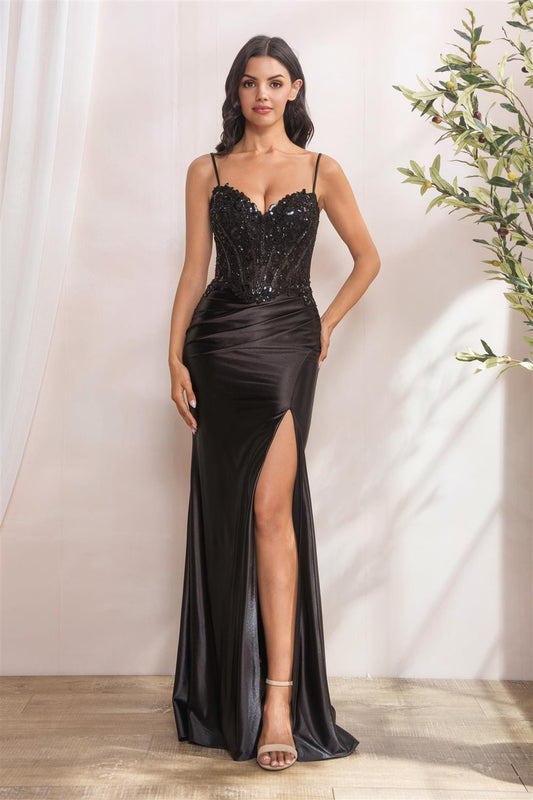 APPLIQUE BEAD BODY W/BONING AND LACE UP BACK SLIM COCKTAIL DRESS