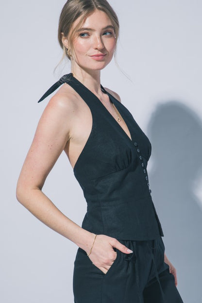 HALTER NECK LINEN TIE FRONT VEST PANTS SET
