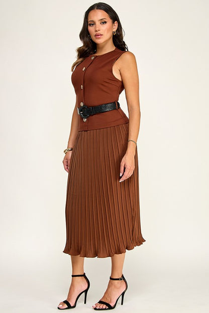 SLVLS GOLD BUTTON DETAIL TOP W/ PLEATED SKIRT DRESS