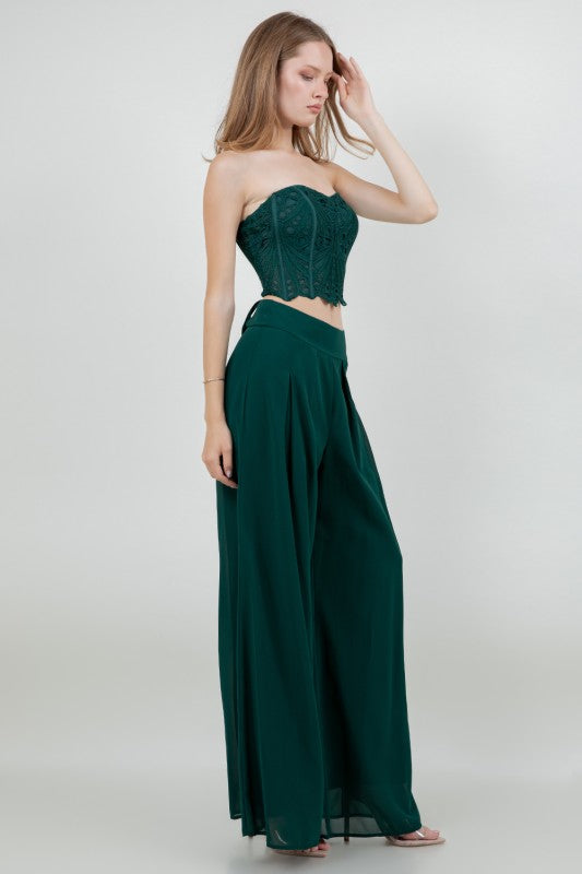 CROCHET CROP TOP WITH CHIFFON WIDE LEG PANTS SET