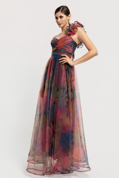 ONE SHOULDER BACK LACE UP FLORAL MESH DRESS