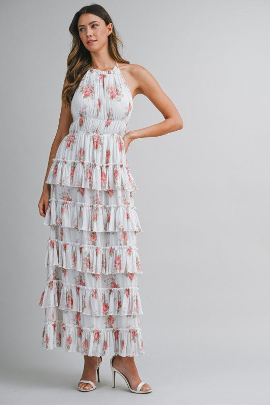 PRINTED FLORAL TIERED MIDI SUMMER DRESS