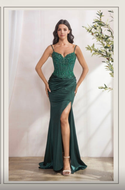 APPLIQUÉ BEADED BODY WITH LACE UP BACK SATIN SKIRT MAXI COCKTAIL DRESS