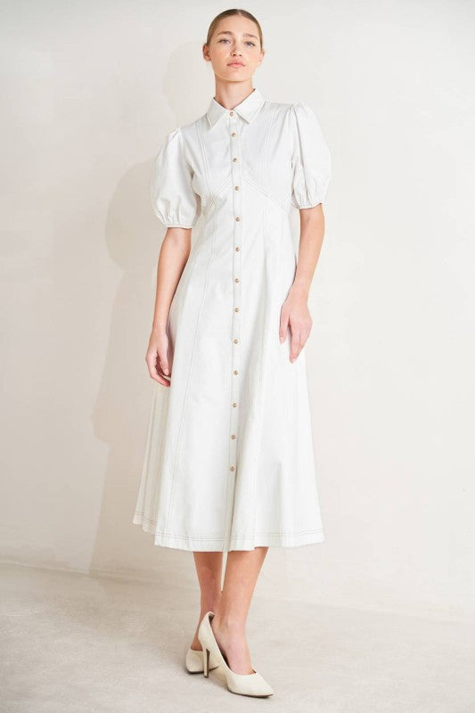 SOLID WOVEN SHORT BUFF SLEEVES MIDI DRESS