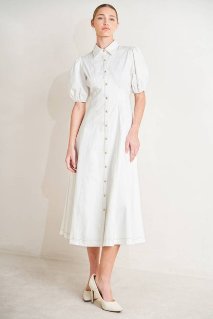 SOLID WOVEN SHORT BUFF SLEEVES MIDI DRESS