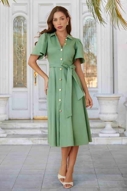 SLIT OPEN BUTTON UP COLLAR MIDI DRESS