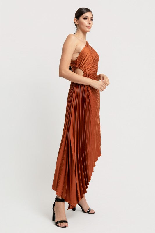SOLID RUCHED PLEATED ONE SHOULDER HI LOW DRESS