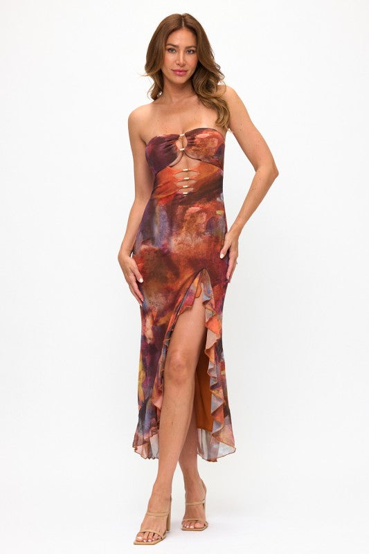 MESH. PRINTED MULTICOLOR RUFFLE SLIT MAXI DRESS