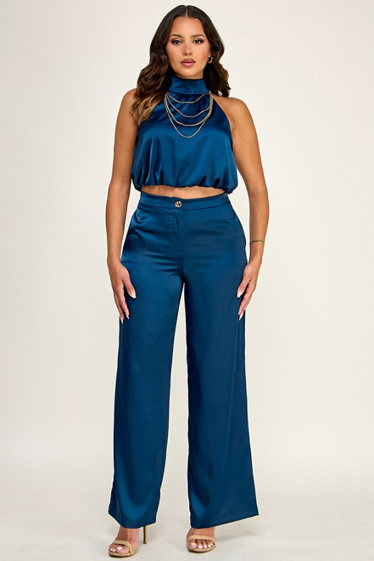 HALTER NECK CHAIN TRIM TOP W/ PANTS SET