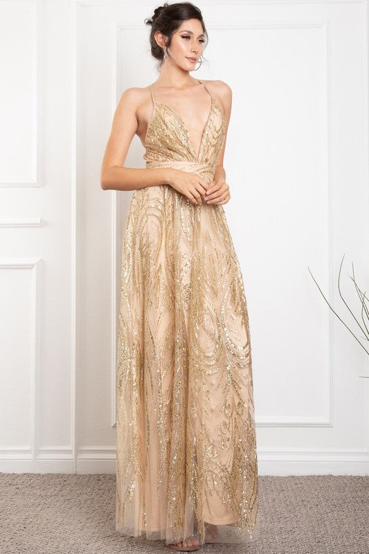 SEQUINED GLITTER MESH MAXI DRESS