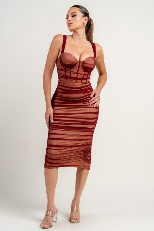 see through sheer midi dress SHEER RIBBED MIDI DRESS IN TULLE