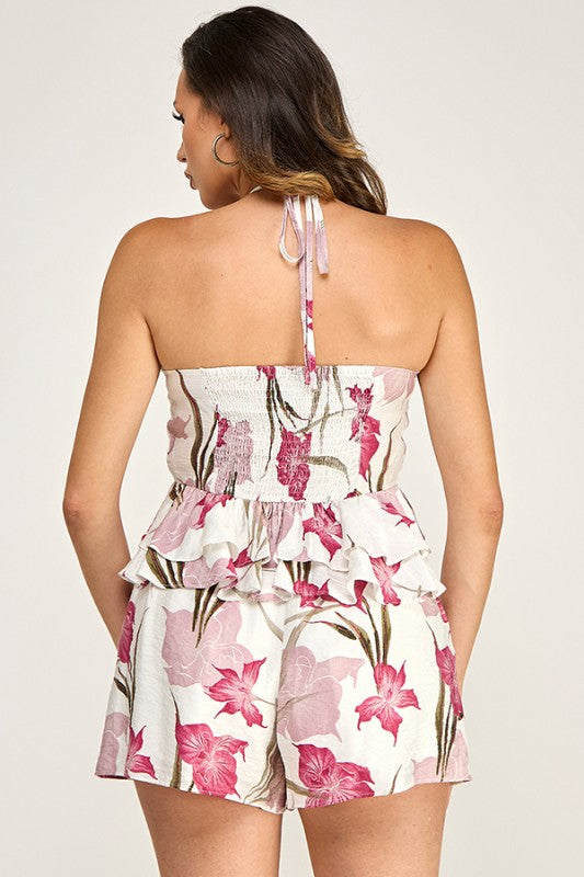 PRINTED HALTER TOP SHORT SET WITH WITH STONE TRIM