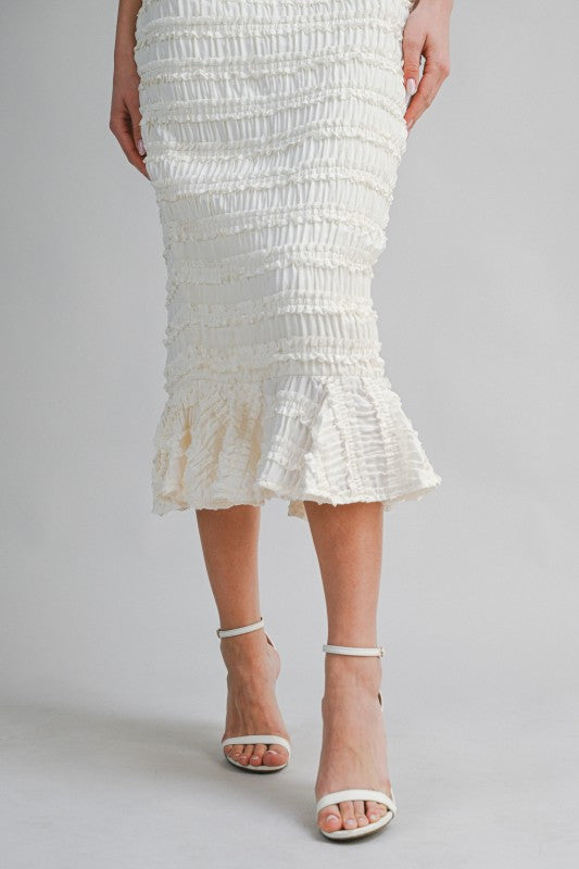 SMOCKED TIERED HALTER BODICE MIDI DRESS