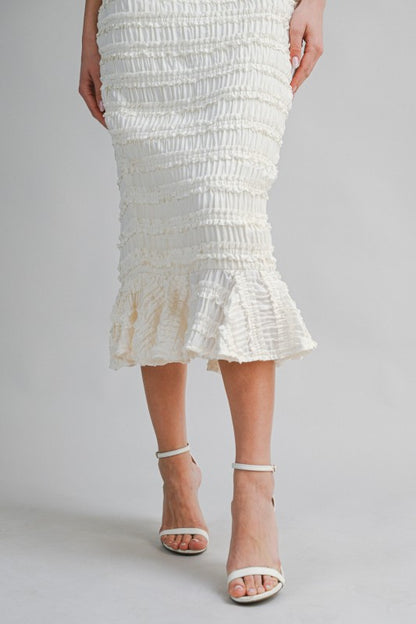 SMOCKED TIERED HALTER BODICE MIDI DRESS