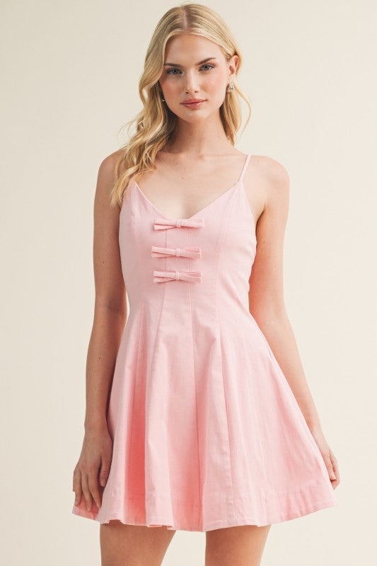 SEAMED BODICE TRIPLE BOW MINI DRESS
