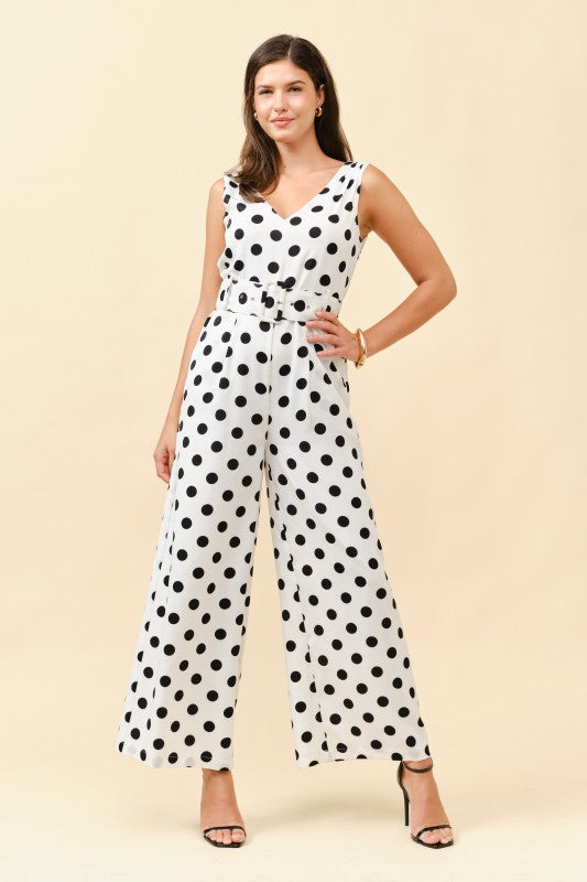 SLEEVELESS POLKA DOT BELTED WIDE LEG JUMPSUIT