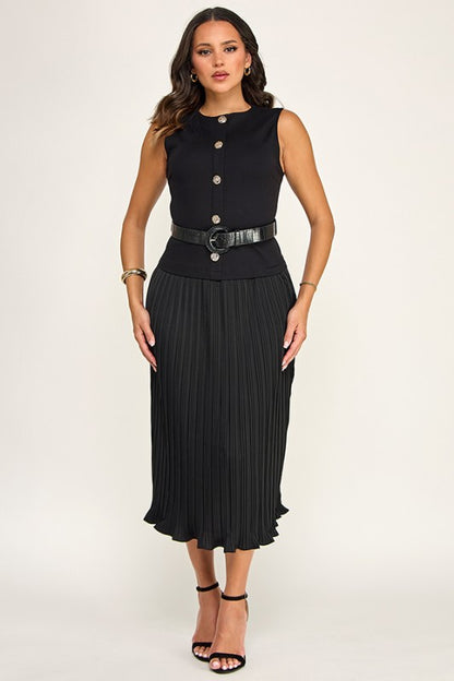 SLVLS GOLD BUTTON DETAIL TOP W/ PLEATED SKIRT DRESS