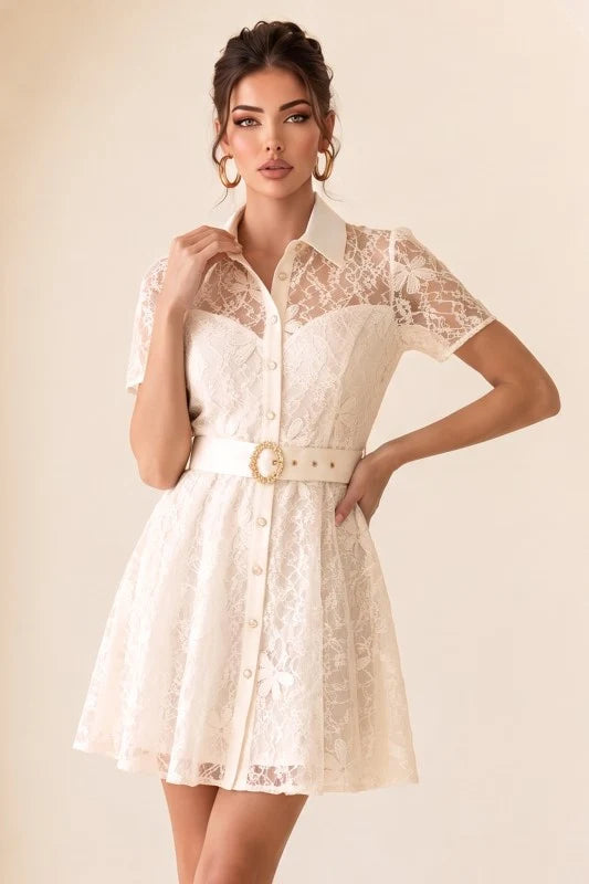BUTTON DOWN MINI LACE DRESS