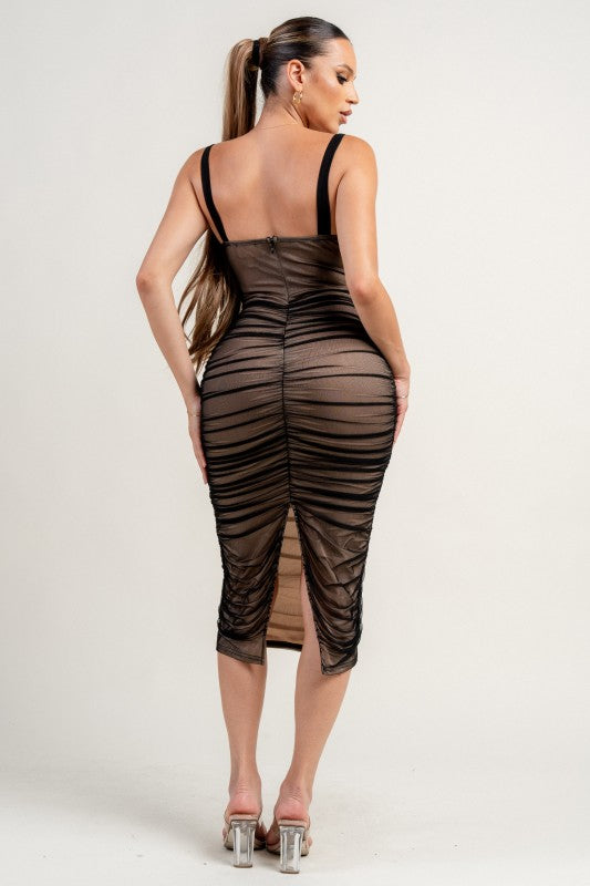 SHEER MESH CORSET SEE-THROUGH MIDI DRESS