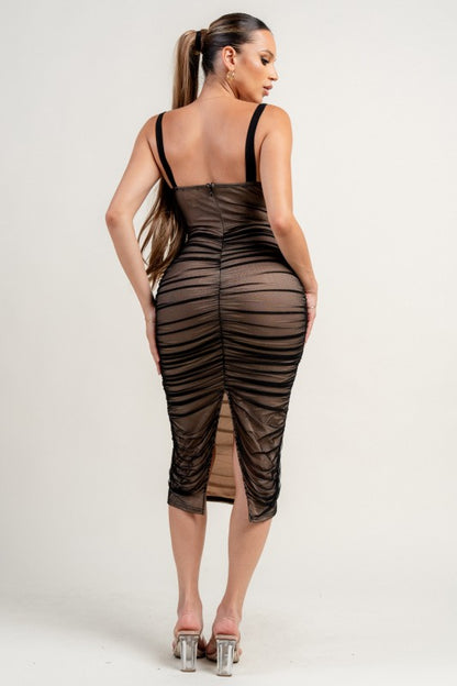 SHEER MESH CORSET SEE-THROUGH MIDI DRESS