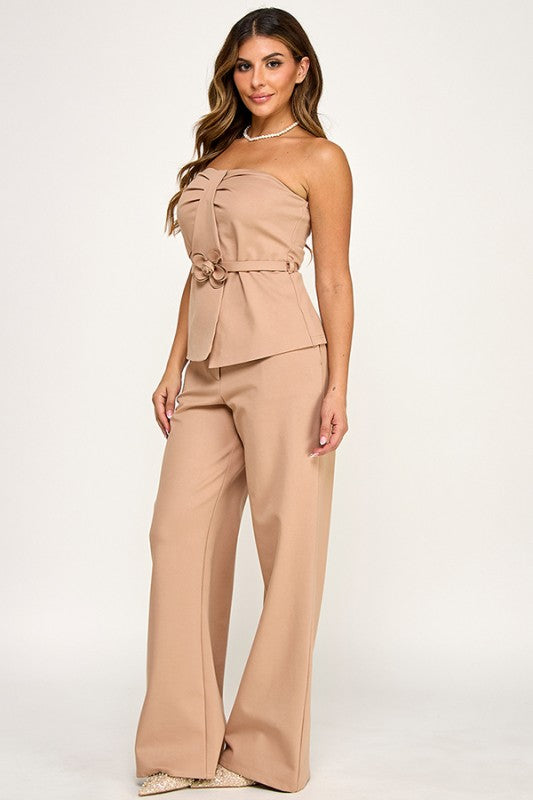 TUBE TOP WITH ROSE BELT AND PANTS SET