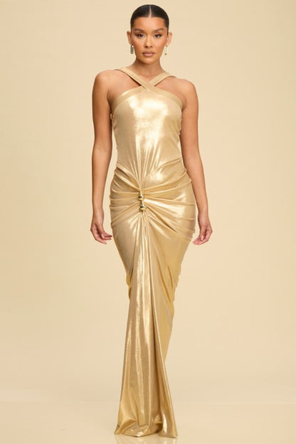 METALLIC GOLD ACCENT MAXI PARTY DRESS