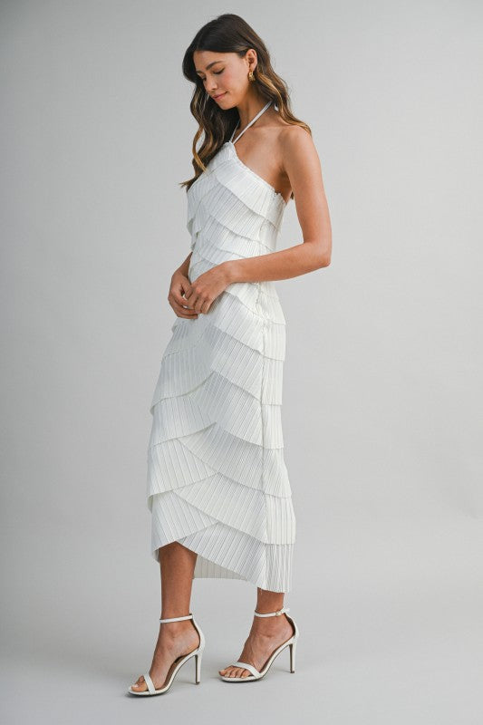 PLEATED HALTER LAYERED DIAGONAL RUFFLE MIDI DRESS