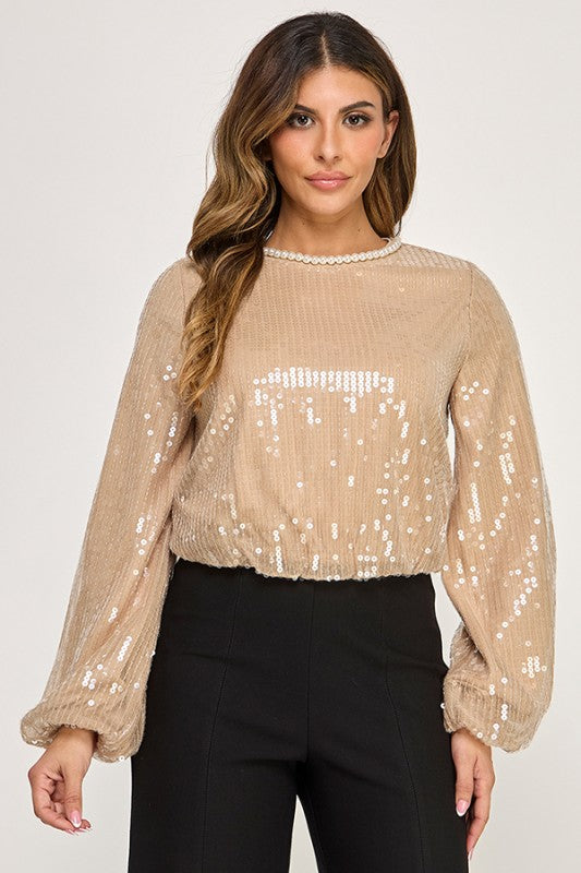 LONG SLEEVE PEARL NECK TRIM BUBBLE HEM SEQUIN BLOUSE