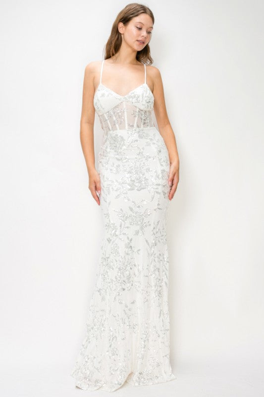 FLORAL SEQUIN MERMAID MAXI COCKTAIL DRESS