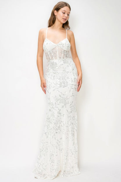 FLORAL SEQUIN MERMAID MAXI COCKTAIL DRESS