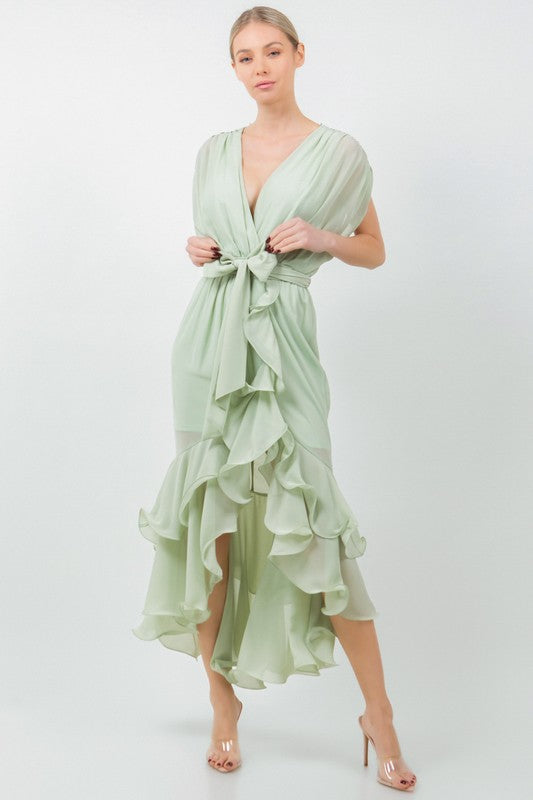SOLID TIE WAIST RUFFLE MIDI DRESS