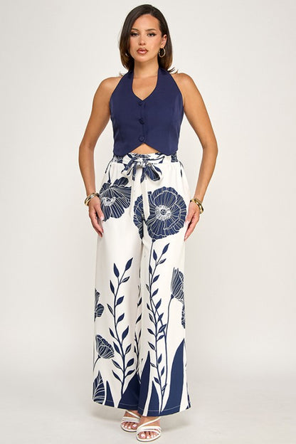 SLEEVELESS HALTER NECK SATIN VEST PANTS SET