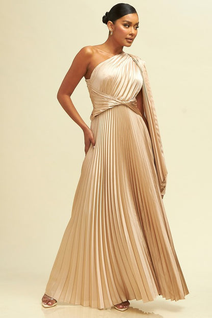 ONE SHOULDER PLEATED MAXI DRESS