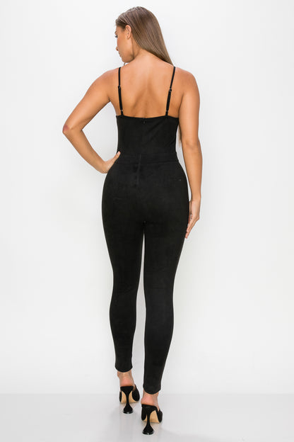 Sweetheart Zippered Cami Suede Jumpsuit