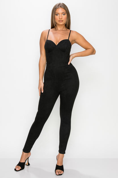 Sweetheart Zippered Cami Suede Jumpsuit