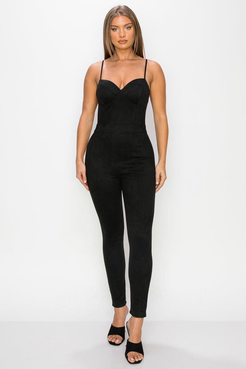 Sweetheart Zippered Cami Suede Jumpsuit