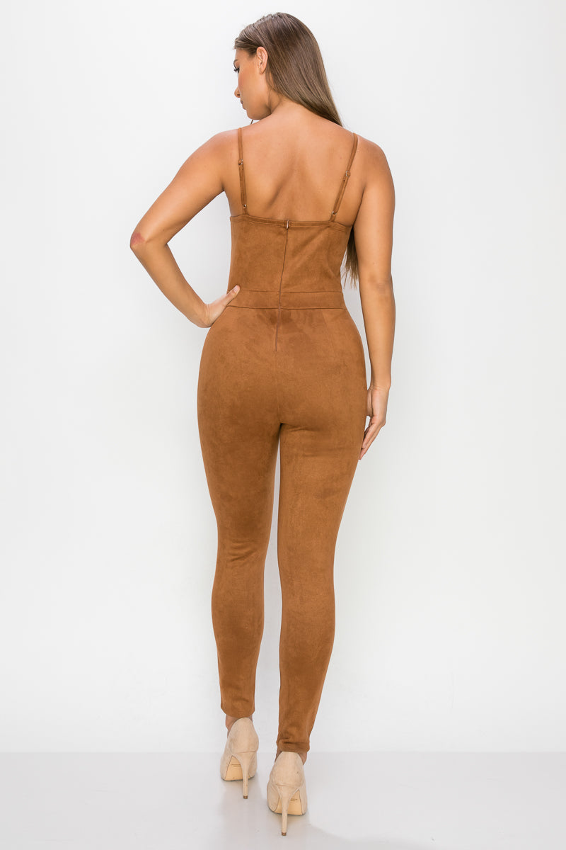 Sweetheart Zippered Cami Suede Jumpsuit