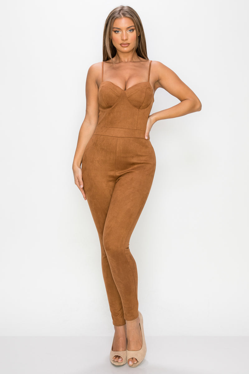 Sweetheart Zippered Cami Suede Jumpsuit