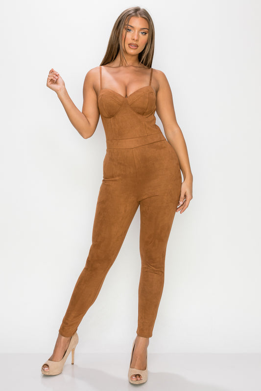 Sweetheart Zippered Cami Suede Jumpsuit