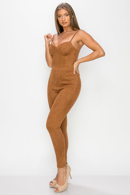 Sweetheart Zippered Cami Suede Jumpsuit