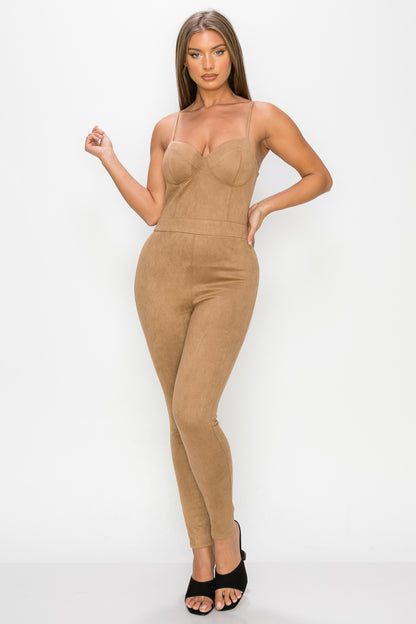 Sweetheart Zippered Cami Suede Jumpsuit