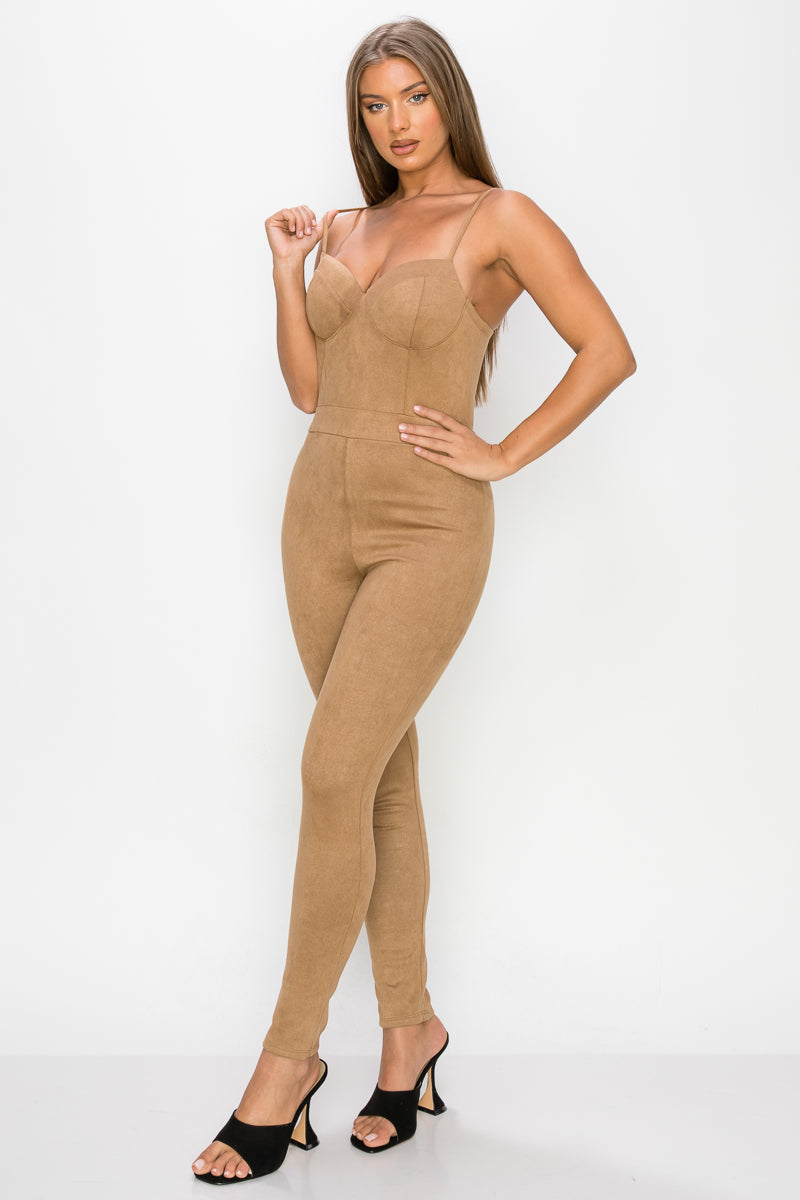 Sweetheart Zippered Cami Suede Jumpsuit